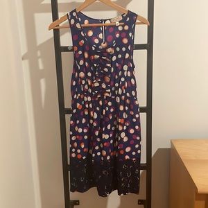 Polka dot silk dress with lace detailing